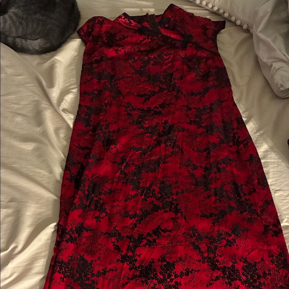 Morbid Threads Red and Black Floral Midi Dress